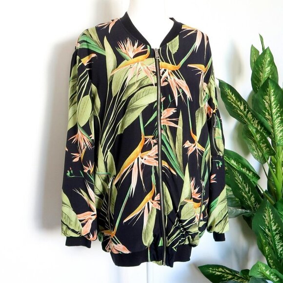 Zara Black Green Tropical Exotic Floral Oversized Bomber Jacket Size Medium - Picture 6 of 13